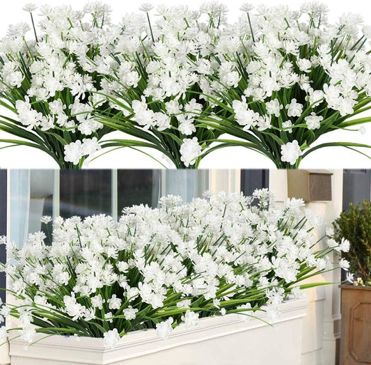 20 Bundles Outdoor Artificial Fake Flowers UV Resistant Shrubs Plants, Faux Plastic Greenery for Indoor outside Hanging Plants Garden Porch Window Box Home Wedding Farmhouse Decor (White)