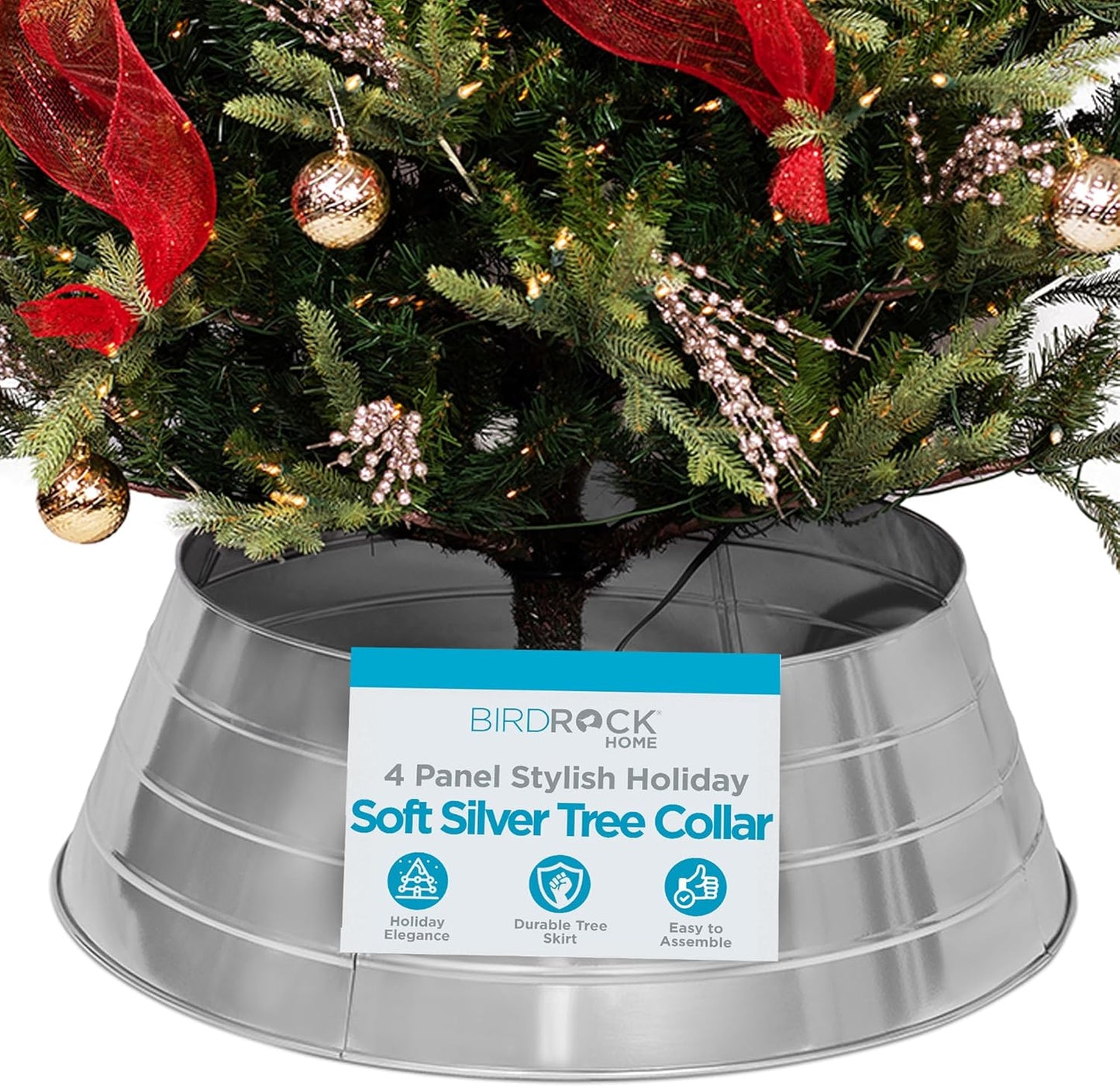 4-Panel Christmas Tree Collar - Metal Holiday Skirt Decor - Water Base Protection from Pets (Silver)