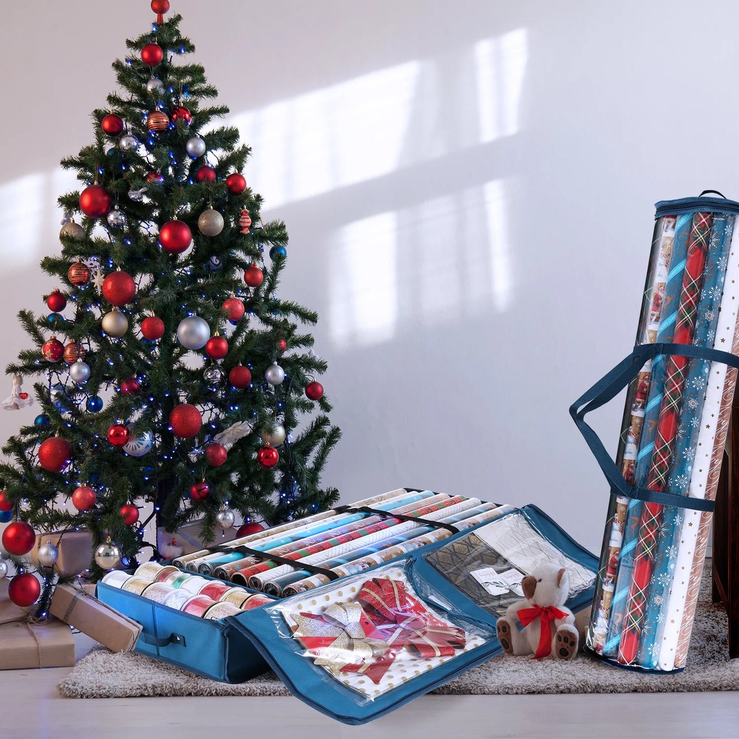 Set of Holiday Christmas Wrapping Paper Storage Box and Wrapping Paper Storage Roll, Gift Wrap Organizer, Blue