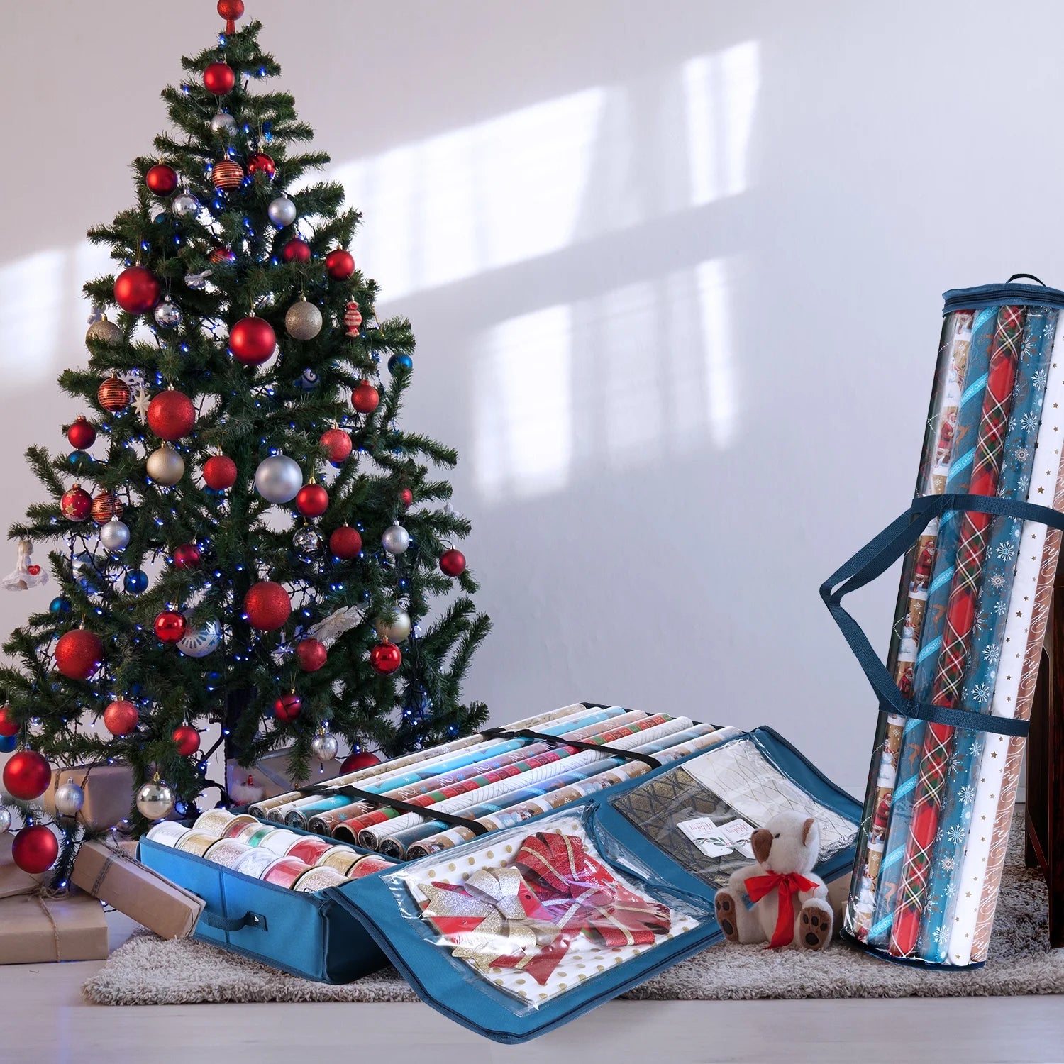 Set of Holiday Christmas Wrapping Paper Storage Box and Wrapping Paper Storage Roll, Gift Wrap Organizer, Blue