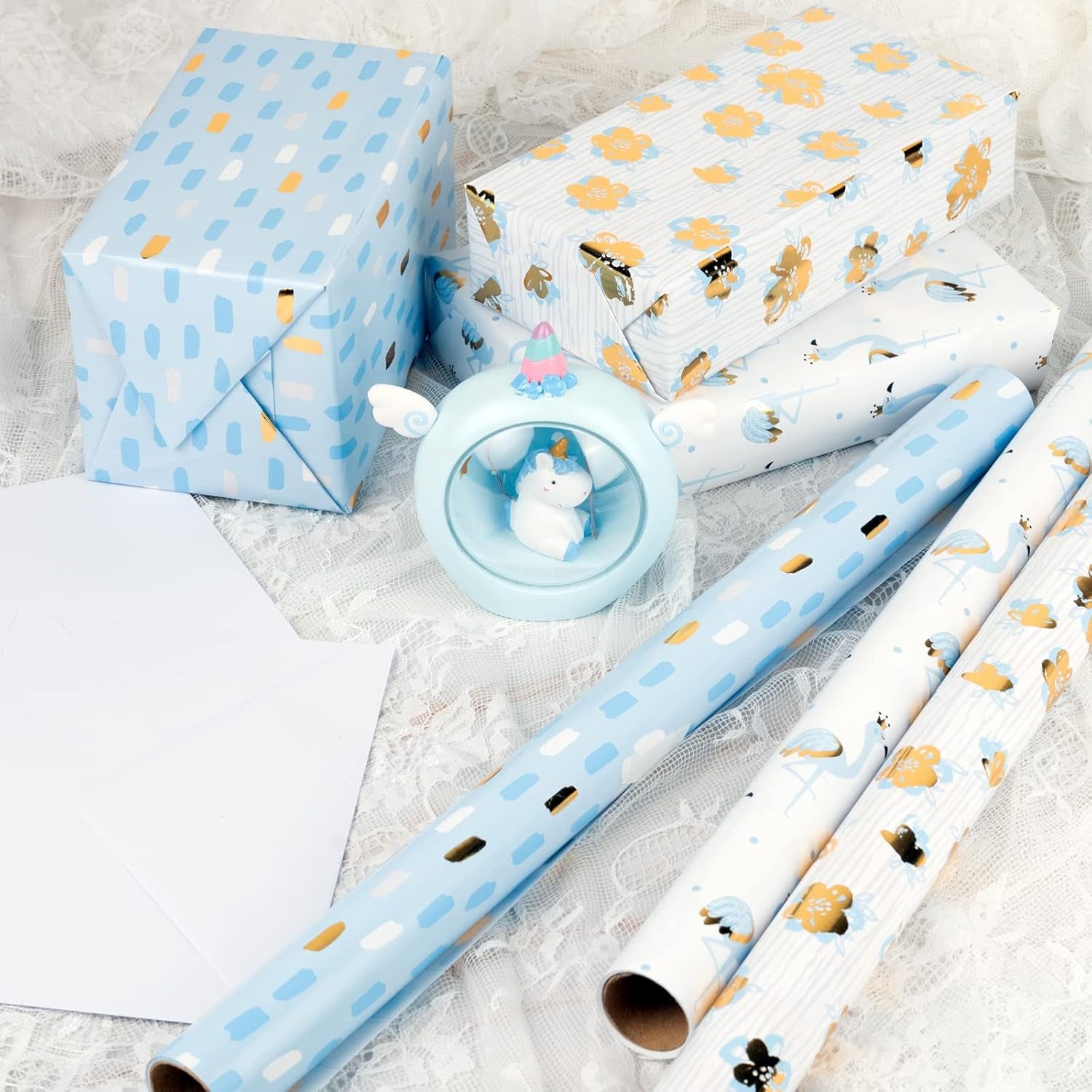 Gold Foil Wrapping Paper - Mini Roll - Flower/Flamingo/Terrazzo Print for Wedding, Bridal Shower, Birthday - 17 X 120 Inches - 3 Rolls (42.5 Sq.Ft.Ttl.)