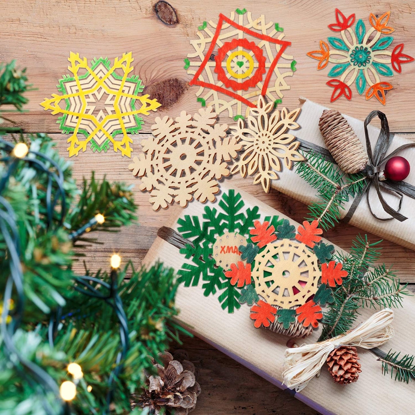 50 Pcs Christmas Unfinished Wooden Snowflake Ornaments 3.94 Inch Snowflake Hanging Cutouts Blank Wood Slices with Cord for Christmas Tree Decor DIY Craft Embellishments