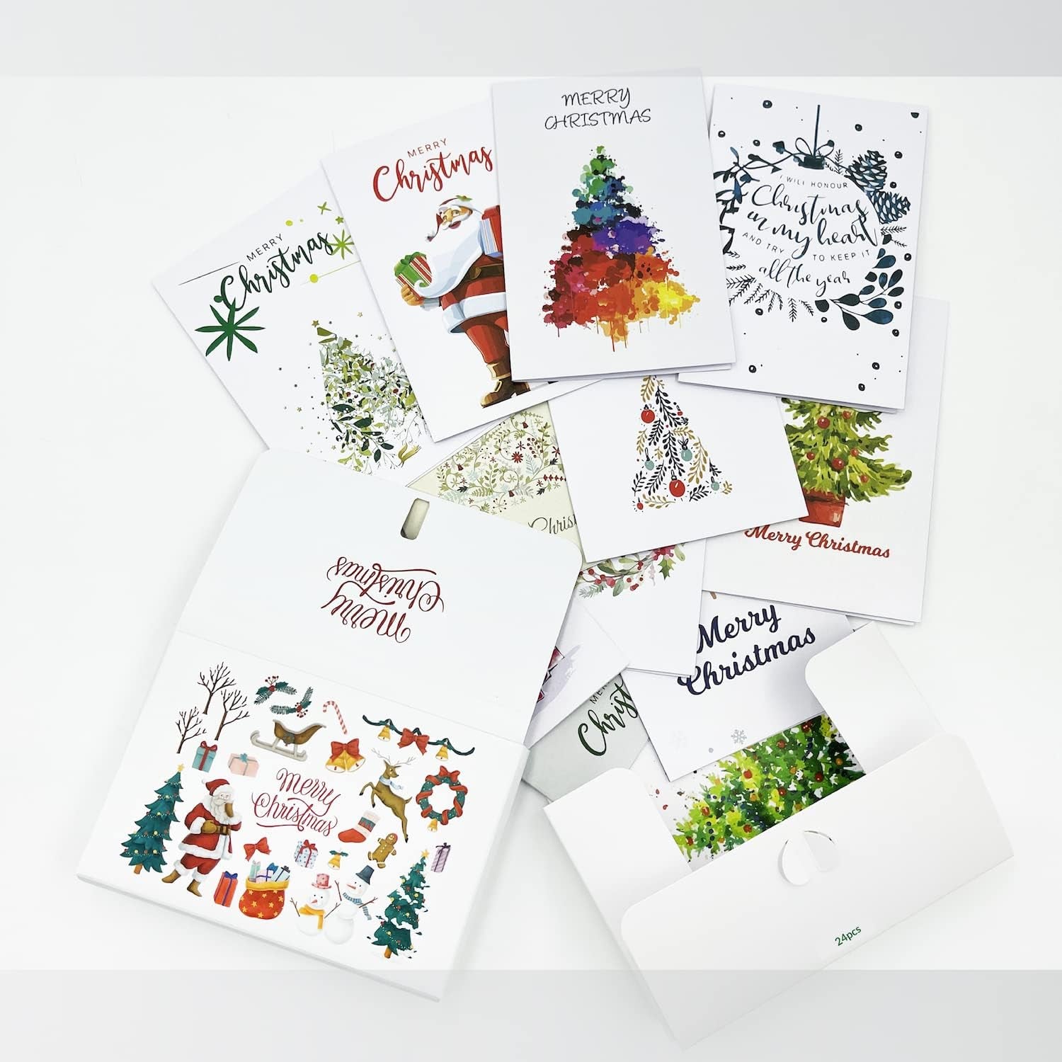Christmas Cards Boxed, Set of 24 Holiday Cards, Christmas Tree, Santa Claus, Reindeers, 12 Unique Designs Greeting Cards - 4X6"