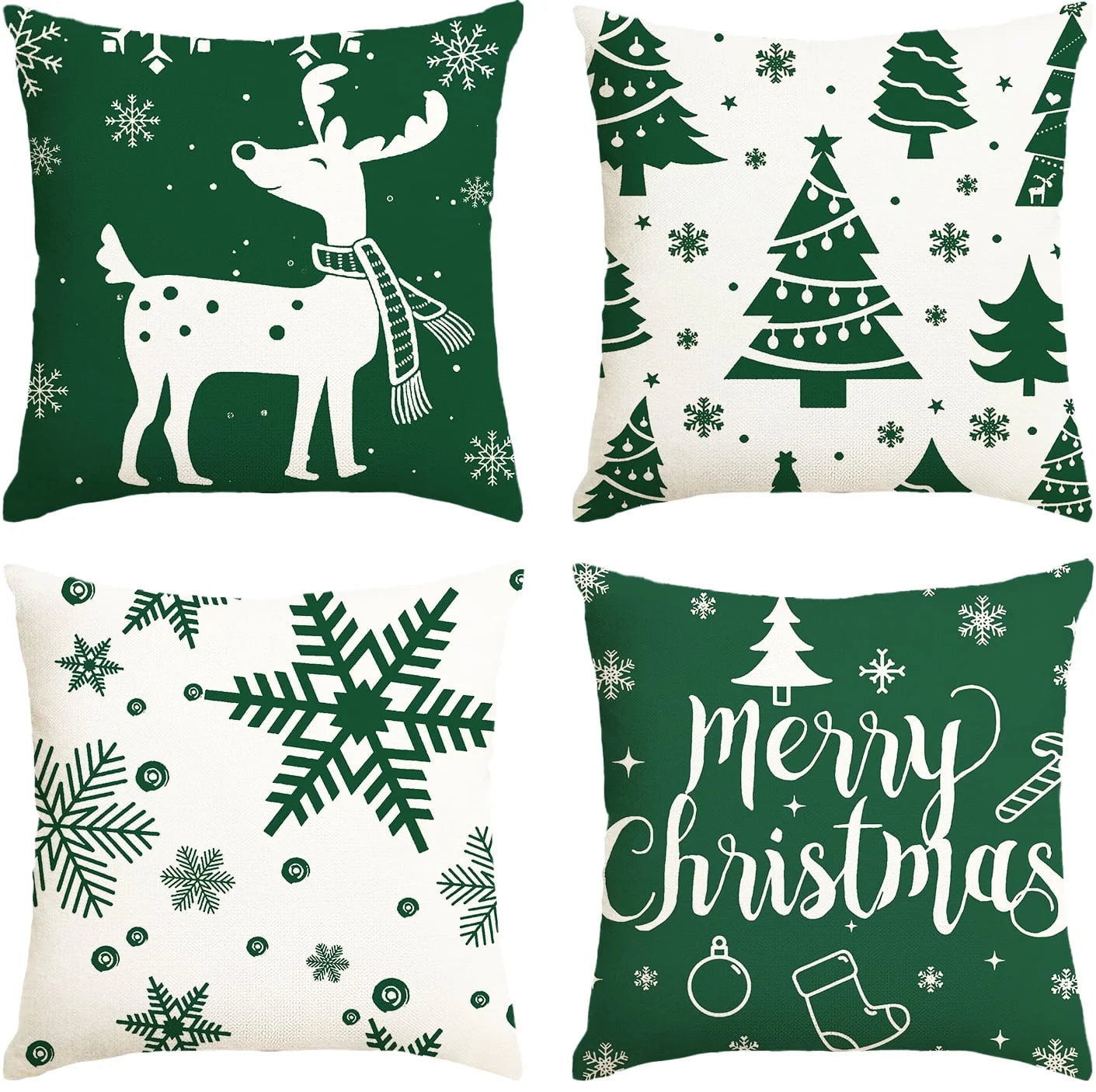 Christmas Throw Pillow Covers 18''X18'' Set of 4 Decorative Holiday Pillows Cover Cases Farmhouse Decor for Xmas Decoration Home Couch Sofa, Green