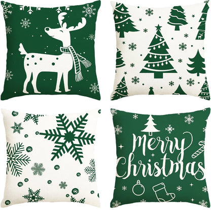 Christmas Throw Pillow Covers 18''X18'' Set of 4 Decorative Holiday Pillows Cover Cases Farmhouse Decor for Xmas Decoration Home Couch Sofa, Green