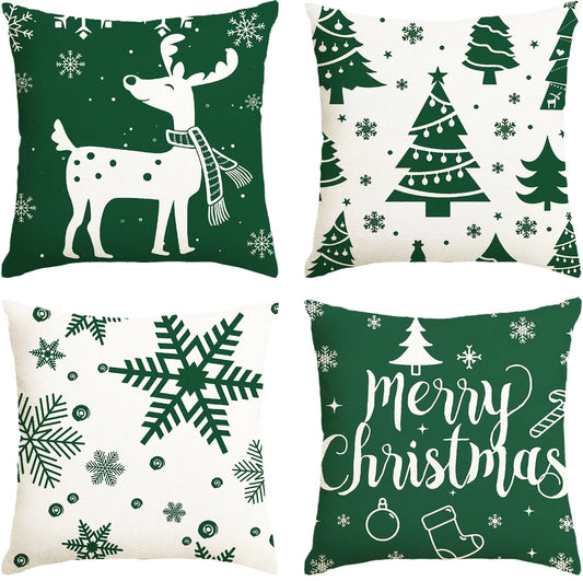Christmas Throw Pillow Covers 18''X18'' Set of 4 Decorative Holiday Pillows Cover Cases Farmhouse Decor for Xmas Decoration Home Couch Sofa, Green