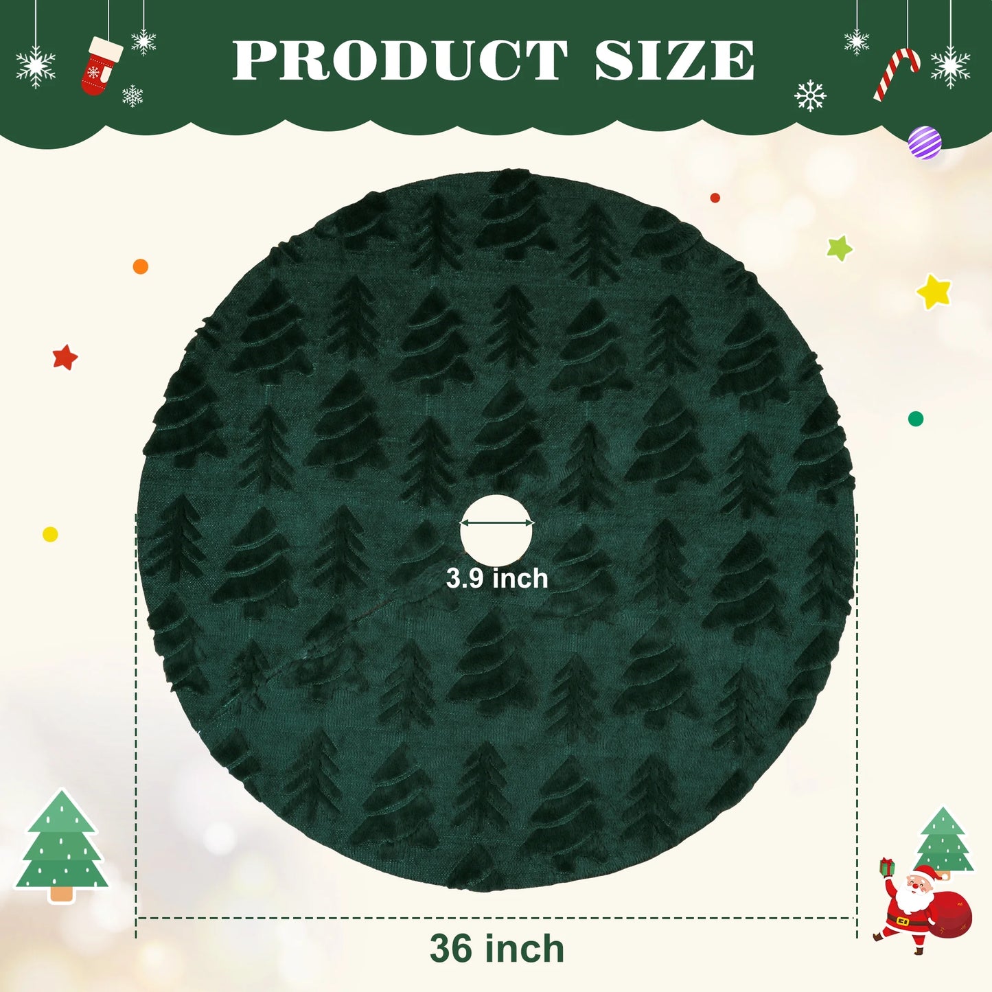 Christmas Tree Skirt Green Plush Skirts Christmas Decorations Indoor Xmas Ornaments Holiday Decor for Party, 36In
