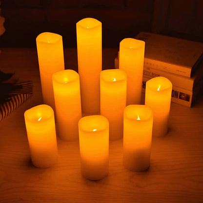 9-Pack Flameless Candles Real Wax LED Pillar Candles Battery Operated Candles Electric Ivory Candles Flicker Lights Votive Timing with Remote 300+ Hours Halloween