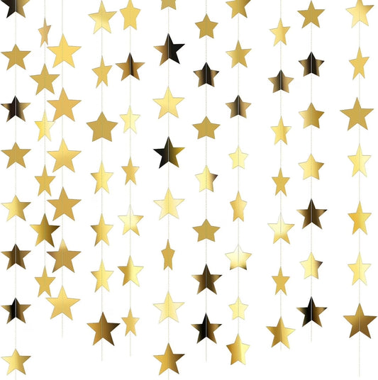 130 Feet Glitter Star Garland Banner Decor, Gold Streamers Hanging Star Bunting Banner Backdrop for 2025 New Year Graduation Wedding Birthday Christmas Party Decoration