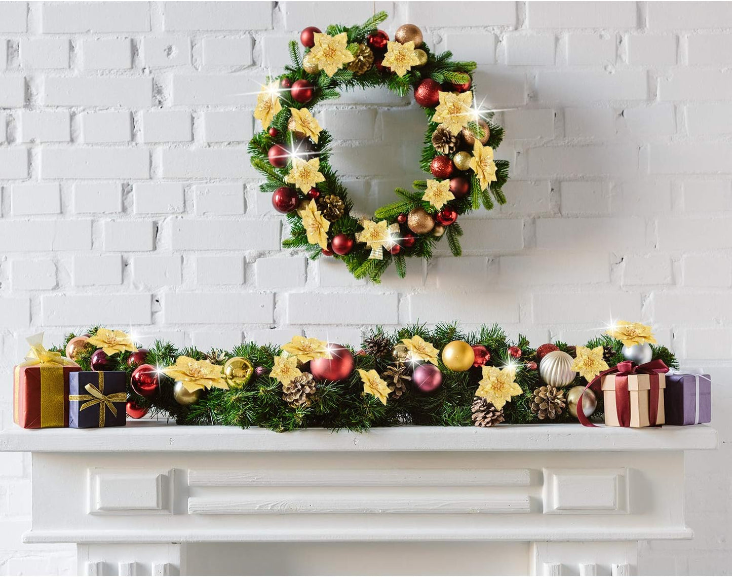 36 Pieces Christmas Glitter Poinsettia Faux Flowers Christmas Flowers Decorations Wedding Xmas Tree New Year Ornaments(Gold)