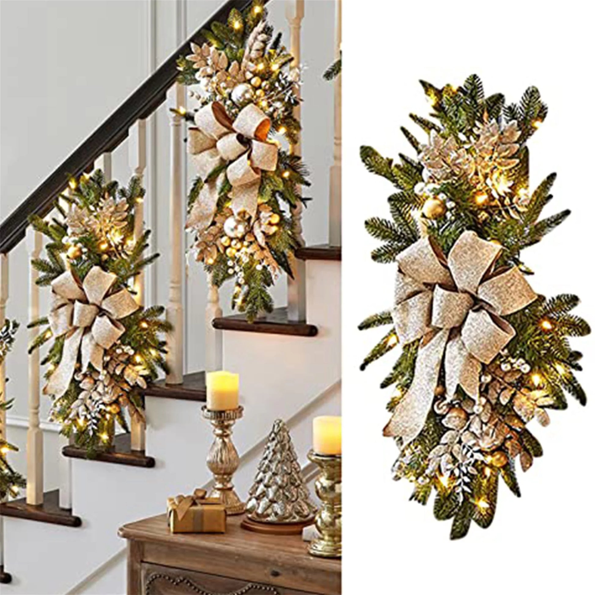 60CM Christmas Swags & Garlands with Lights Cordless Stairway Prelit Stair Swag Christmas Lighted Garland Ornament Outdoor Door Hanging