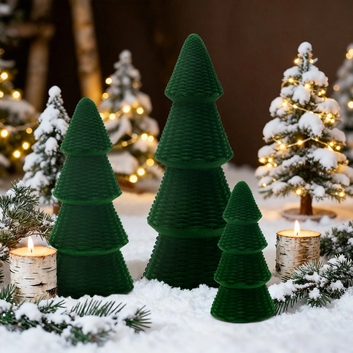 3Pcs Tabletop Christmas Tree Velvet Woven Resin Christmas Trees for Christmas Decor Indoor, Christmas Table Decor, Green