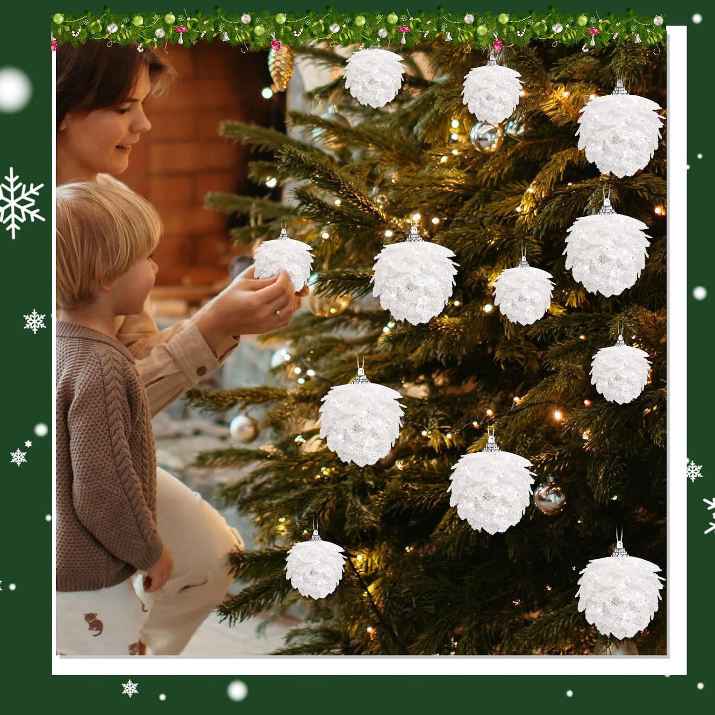 8 Pcs Christmas Ball Ornaments Artificial Pinecone Hanging Ornaments Glitter Faux Christmas Flower for Xmas Decor, 3.15/2.36 Inch(White)