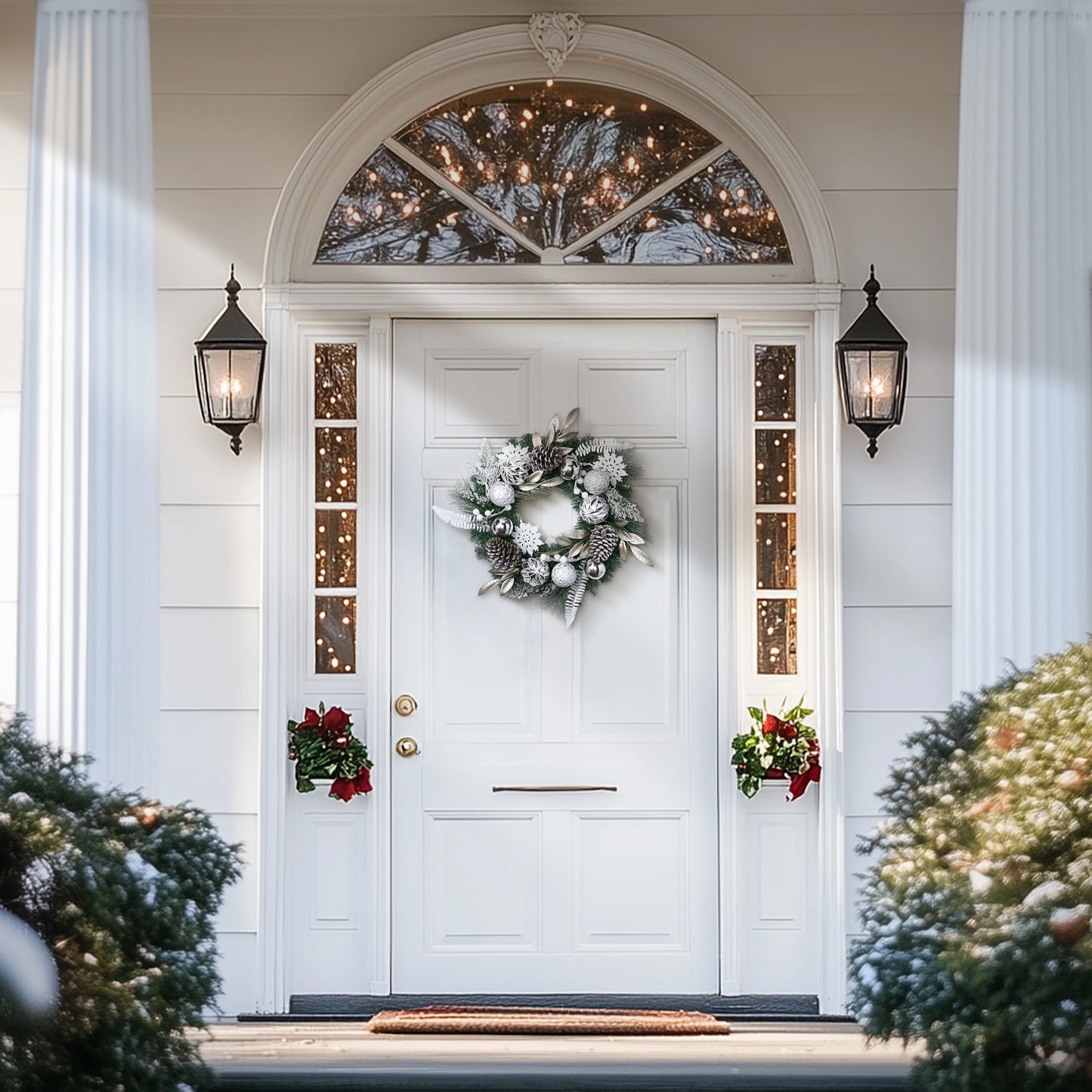 24 Inches Pre-Lit Christmas Wreath Silver White Lighted Wreath with Pine Cone & Snowflake & Silver White Ornament Perfect Gift for Wedding Valentine'S Day Party Front Door Decoration