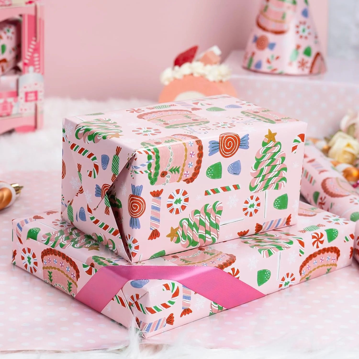 Girls Pink Wrapping Paper Roll, Pastel Cute Birthday Wrapping Paper W/Cakes, Reversible Modern Holiday Gift Wrap with Tree Present Candy Cane for Christmas, Party, Decorative Craft Supply