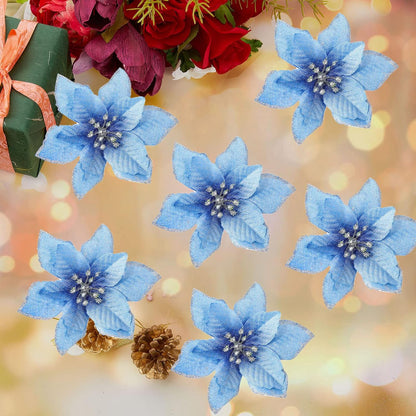Christmas Poinsettia Flowers Decorations, Glitter Poinsettia Christmas Tree Ornaments, Artificial Flower Home Decorations for Christmas/Wedding/Holiday Party, Pack of 24, Blue