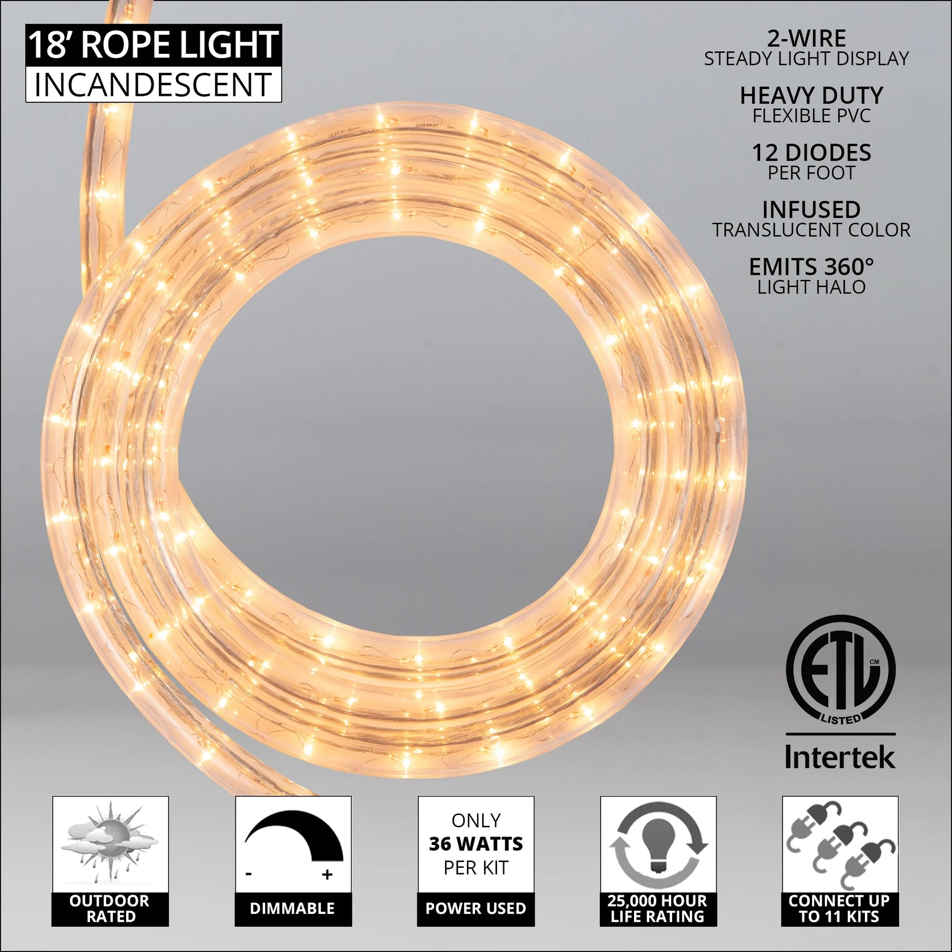 18 Ft. Clear Rope Light Kit, 216 Incandescent Lights, Ready-To-Install, Mounting Clips Included