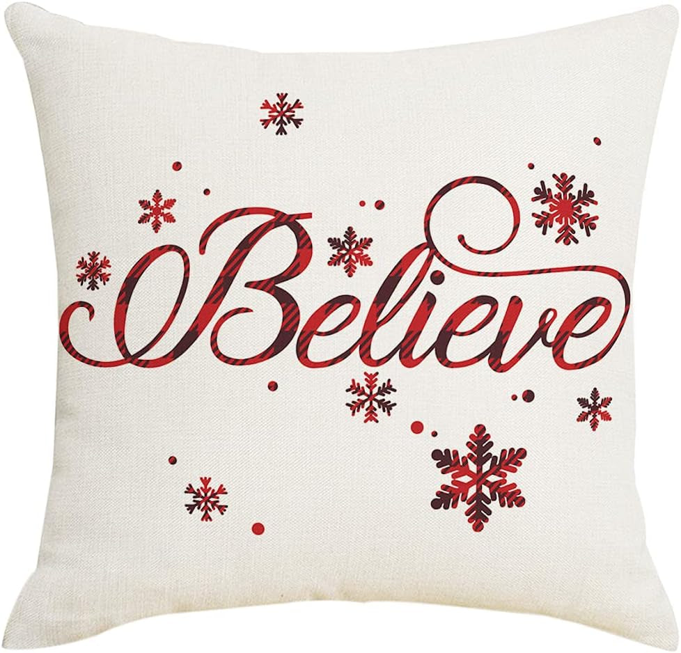 22X22 Christmas Pillow Covers, Decorative Farmhouse Christmas Vibes Believe Buffalo Plaid Let It Snow Outdoor Pillow Shams Cases Slipcovers Set of 4 for Couch Sofa