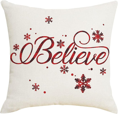 22X22 Christmas Pillow Covers, Decorative Farmhouse Christmas Vibes Believe Buffalo Plaid Let It Snow Outdoor Pillow Shams Cases Slipcovers Set of 4 for Couch Sofa