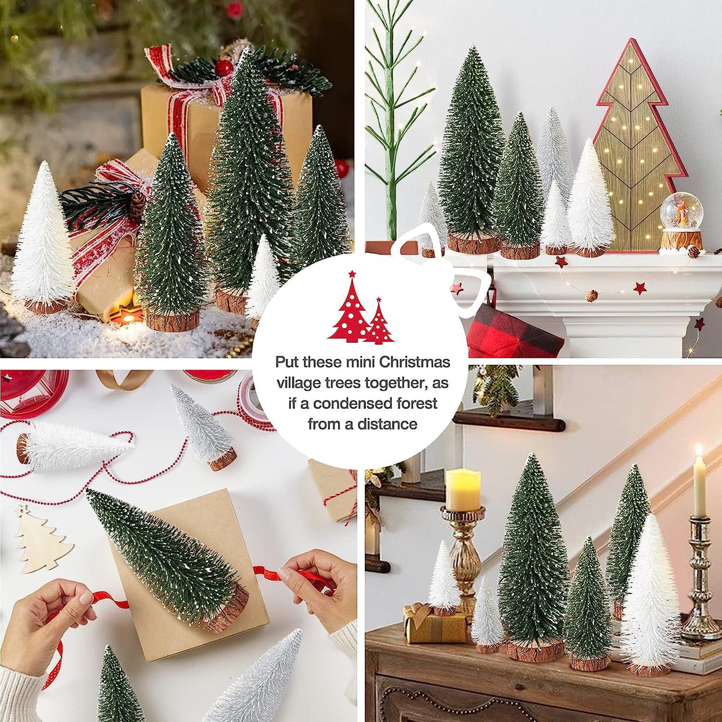 9Pcs Mini Christmas Trees Christmas Decor Artificial Christmas Decorations with 4 Sizes, Christmas Tree Bottle Brush Trees Christmas Table Decorations (Green Silver White)