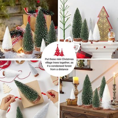 9Pcs Mini Christmas Trees Christmas Decor Artificial Christmas Decorations with 4 Sizes, Christmas Tree Bottle Brush Trees Christmas Table Decorations (Green Silver White)
