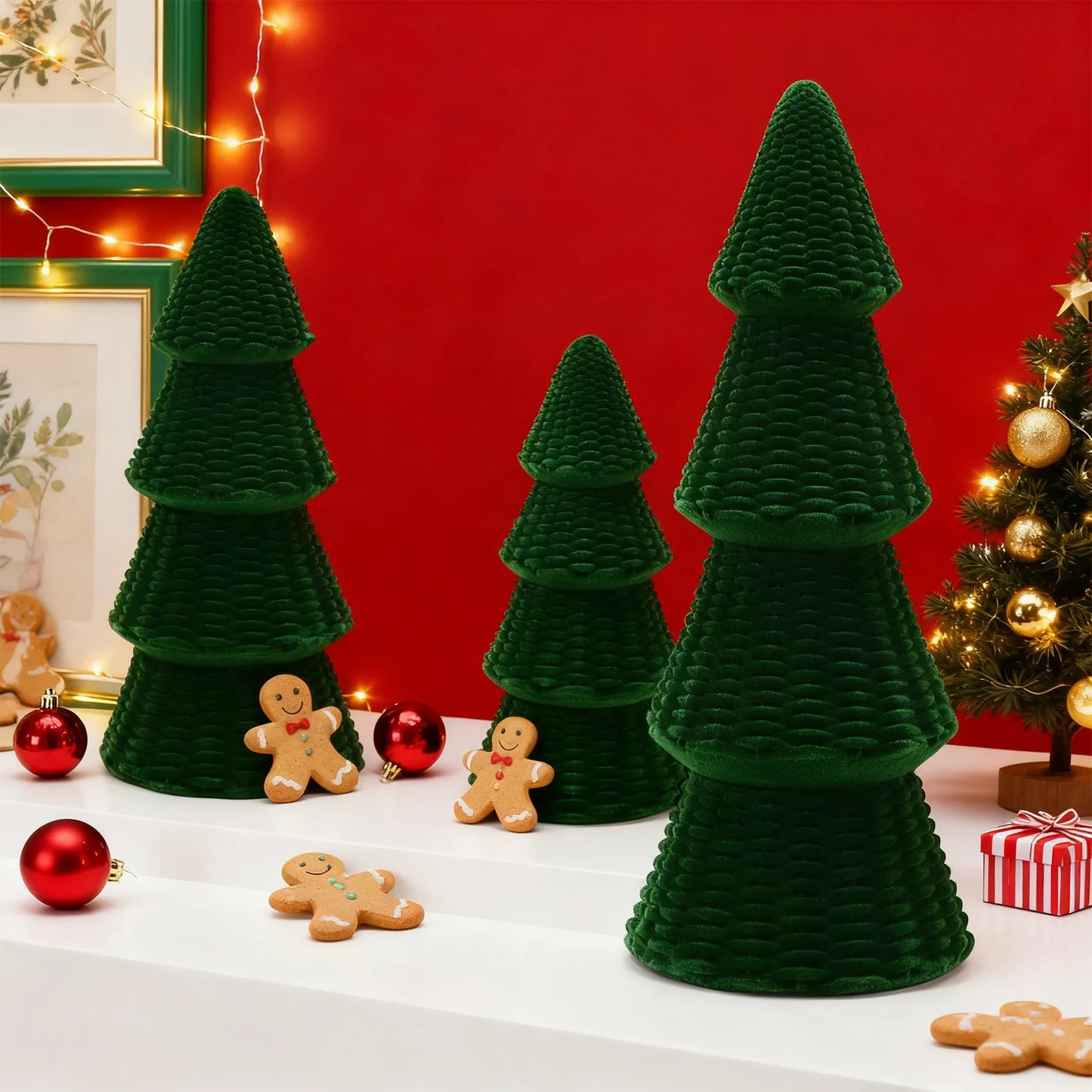 3Pcs Tabletop Christmas Tree Velvet Woven Resin Christmas Trees for Christmas Decor Indoor, Christmas Table Decor, Green