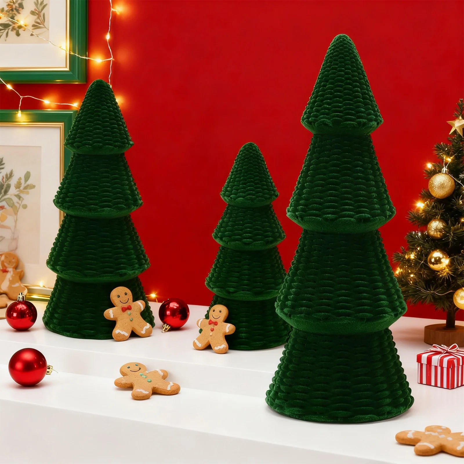 3Pcs Tabletop Christmas Tree Velvet Woven Resin Christmas Trees for Christmas Decor Indoor, Christmas Table Decor, Green