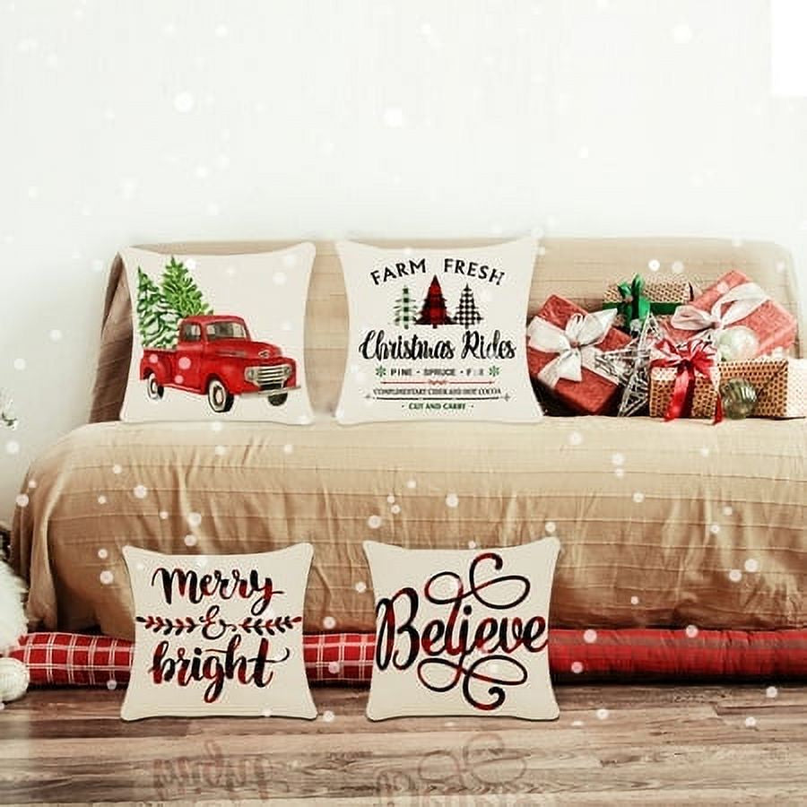 Christmas Pillow Covers 18 X 18 Inch Decorations Farmhouse Indoor Christmas Tree Decorativethrow Pillow Cases (4 Count)