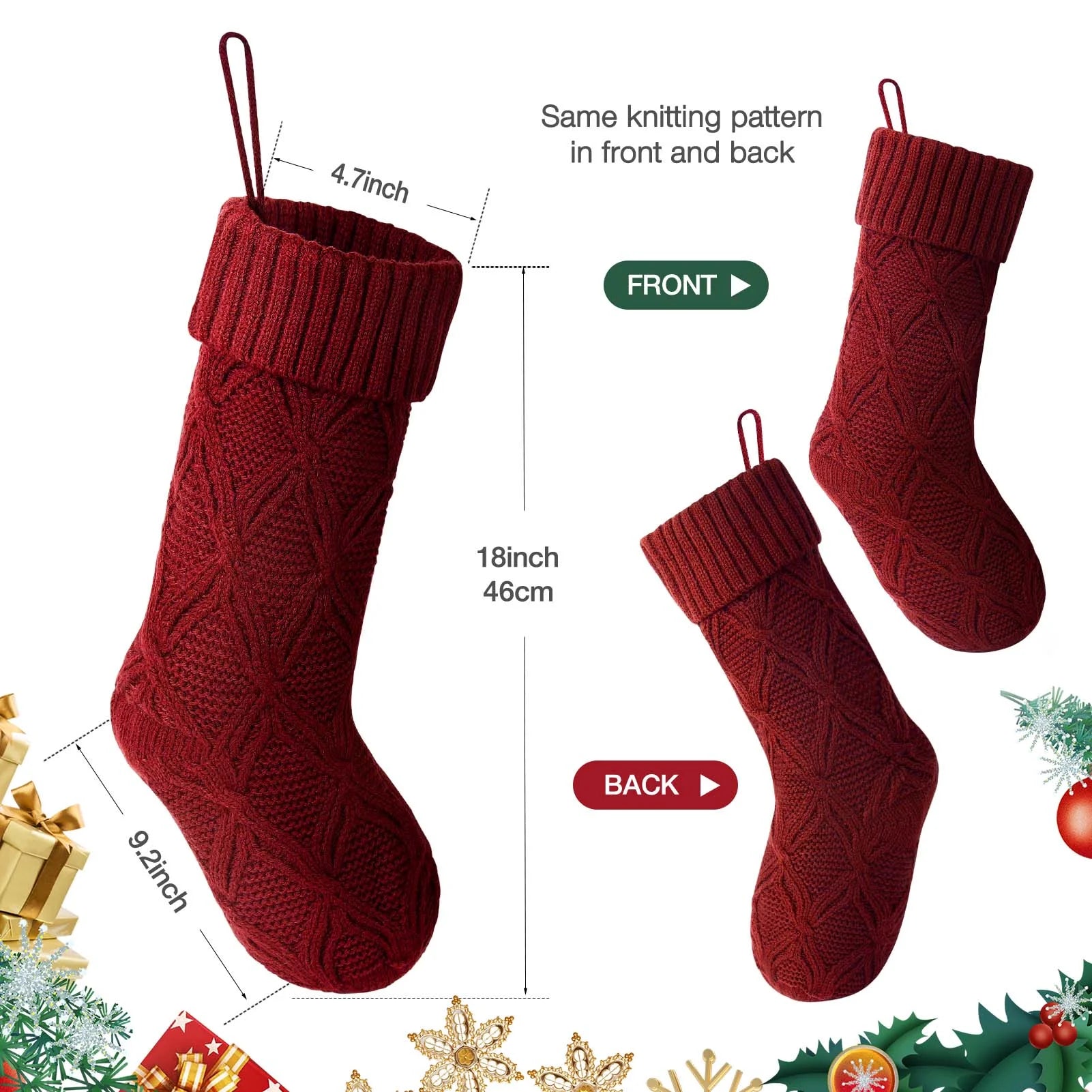 6Pcs Christmas Stockings Knitted Xmas Stockings Double-Sided 18 Inches Fireplace Stockings for Family Christmas Decoration (Burgundy,Green)