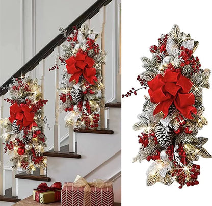 23.62 Inch Christmas Swags & Garlands with Lights Cordless Stairway Prelit Stair Swag Christmas Lighted Garland Ornament Outdoor Door Hanging