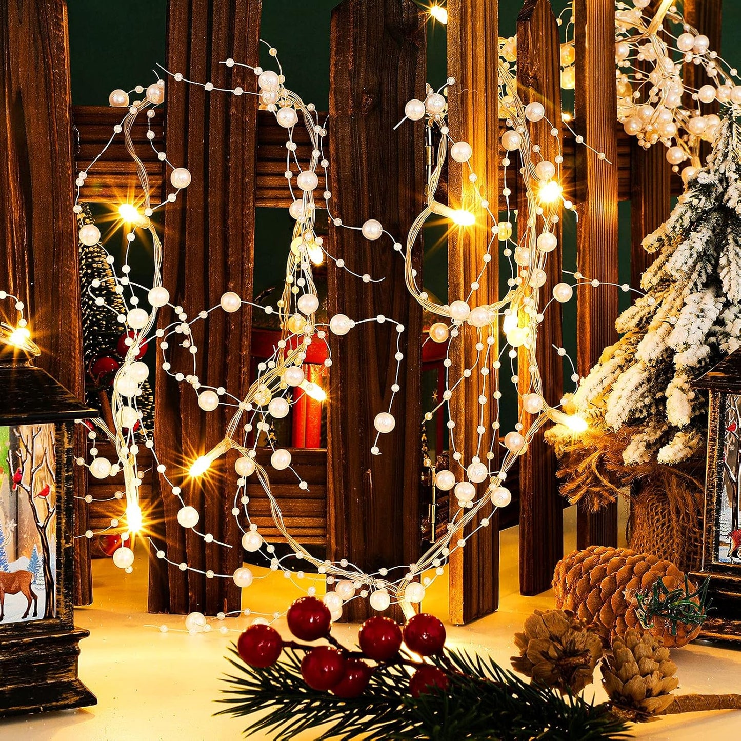 10 Feet 30 LED Christmas Light Metal Berry Beaded Garland Indoor Christmas String Lights for Fireplace Mantel Indoor Xma Light Decorations(White)