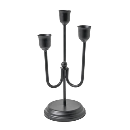 3-Arm Black Metal Taper Candle Holder – Elegant Gothic Decor for Halloween, Mantel, Kitchen Table, Wedding, or Party, 9"