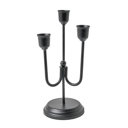 3-Arm Black Metal Taper Candle Holder – Elegant Gothic Decor for Halloween, Mantel, Kitchen Table, Wedding, or Party, 9"