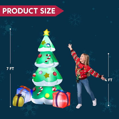 7Ft Christmas Tree Inflatables,Giant Christmas Inflatable Tree with 3 Gift Boxes Blow Ups Yard with Built-In Leds for Holiday Party Garden Lawn Decor