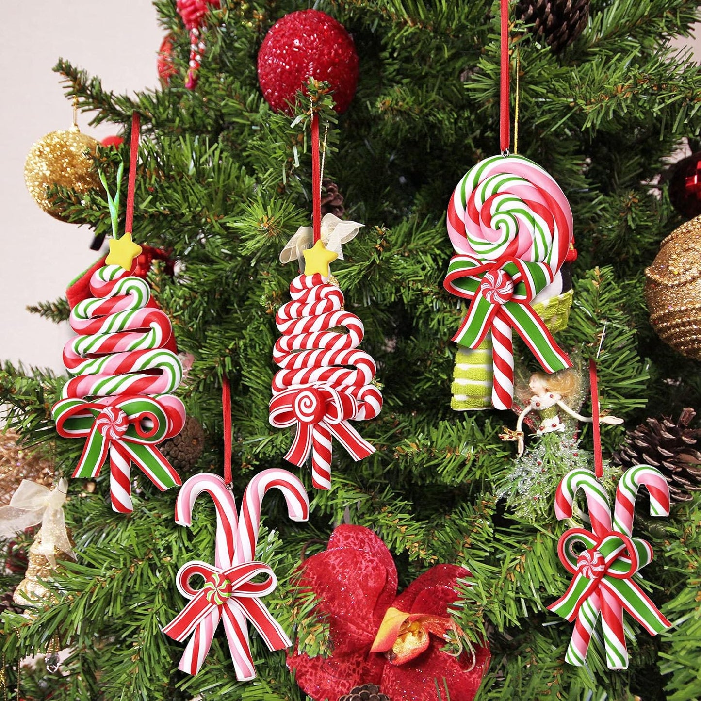 6 Pieces Christmas Candy Cane Ornaments Tree Lollipop Hanging Decorations 4.7 X 2.4 in Polymer Clay Red and White Peppermint Decoration Fake Candy Pendant Crafts for Xmas Wreath Party Supplies