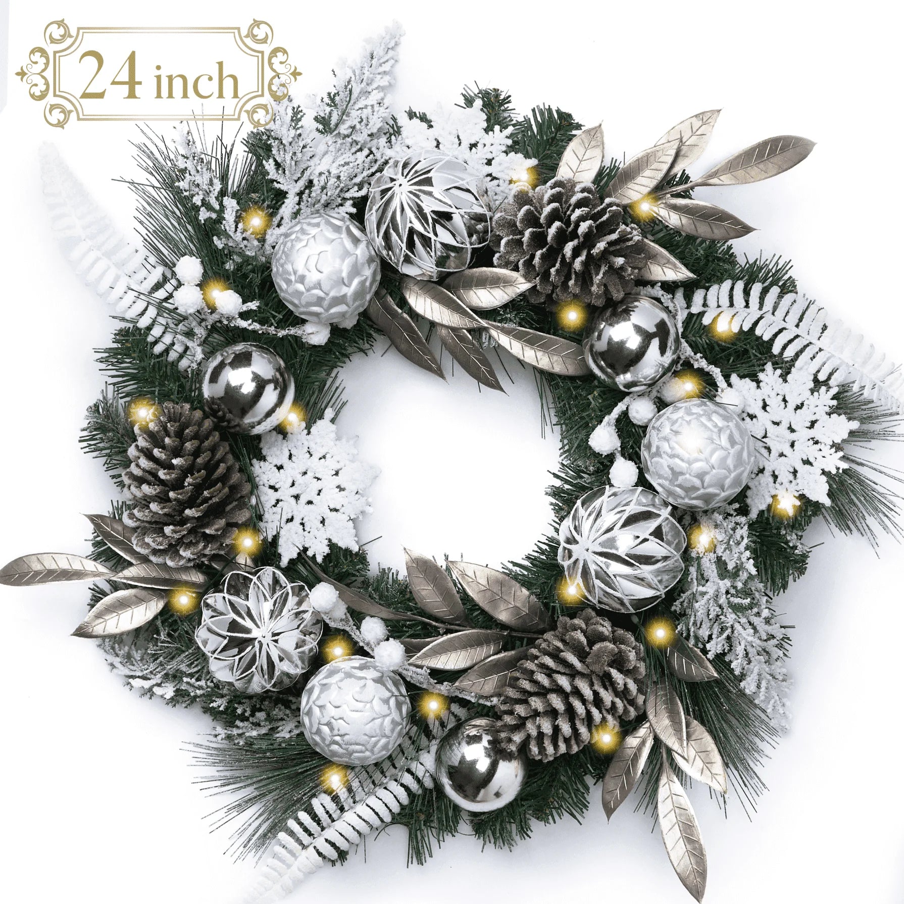 24 Inches Pre-Lit Christmas Wreath Silver White Lighted Wreath with Pine Cone & Snowflake & Silver White Ornament Perfect Gift for Wedding Valentine'S Day Party Front Door Decoration