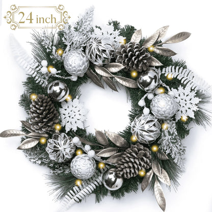 24 Inches Pre-Lit Christmas Wreath Silver White Lighted Wreath with Pine Cone & Snowflake & Silver White Ornament Perfect Gift for Wedding Valentine'S Day Party Front Door Decoration