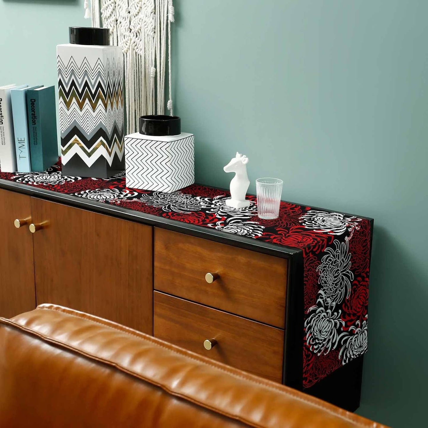 Floral Table Runner-Red Black White Cotton Linen-Long 90 Inche Dresser Scarves,Flower Tablerunner for Kitchen Coffee/Dining Table Bedroom Home Living Room,Scarf Decor for Summer Spring Holiday Dinner