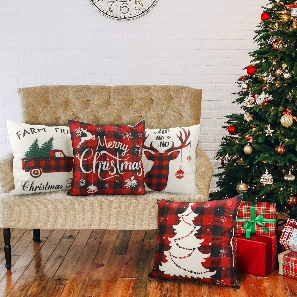 Christmas Pillow Covers,  18 X 18 Inch Set of 4 Farmhouse Black and Red Buffalo Plaid Pillow Covers Holiday Rustic Linen Pillow Case for Sofa Couch Christmas Decorations Throw Pillow Covers