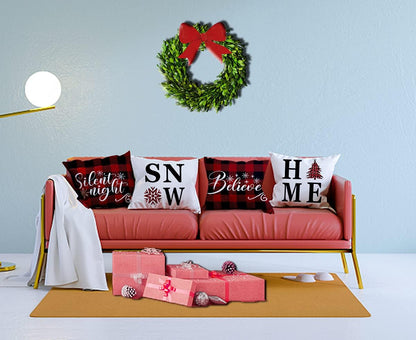 18X18 Christmas Snow Home Throw Pillow Covers,Decorative Farmhouse Outdoor Believe Silent Night Xmas Christmas Pillow Shams Cases Slipcovers Set of 4 for Couch Sofa