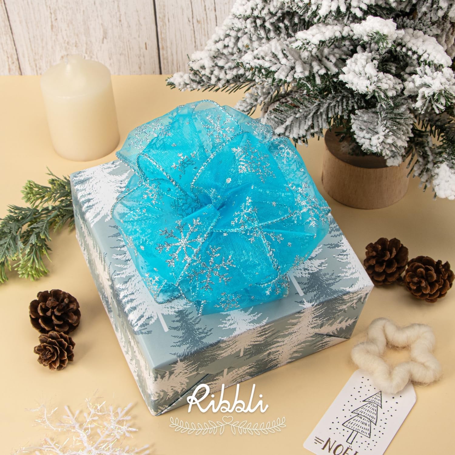 Snowflake Glitter Wired Ribbon,Turquoise Blue Organza Sheer with Silver Glitter Snowflake Pattern and Silver Metallic Edge,2-1/2 Inch X 10 Yards Christmas Ribbon for Tree Decoration