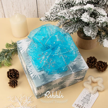 Snowflake Glitter Wired Ribbon,Turquoise Blue Organza Sheer with Silver Glitter Snowflake Pattern and Silver Metallic Edge,2-1/2 Inch X 10 Yards Christmas Ribbon for Tree Decoration