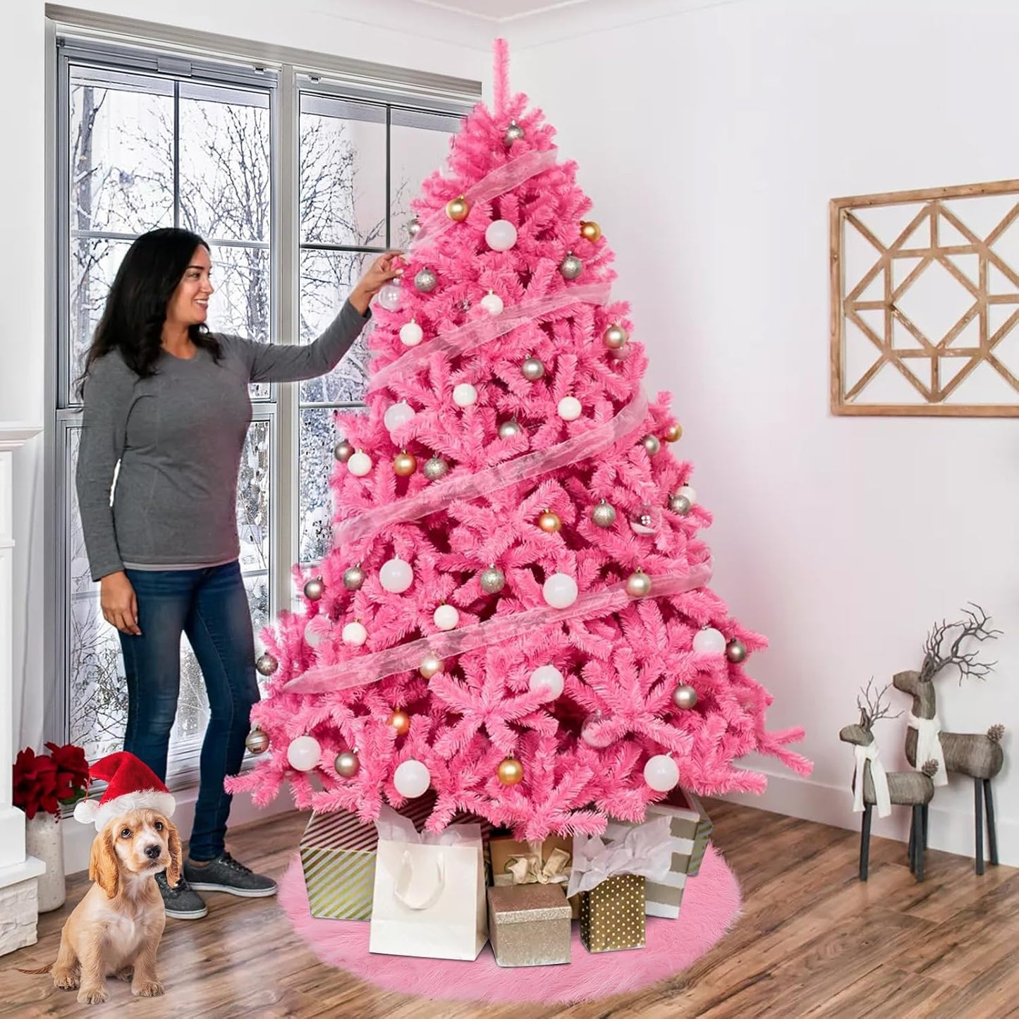 Pink Christmas Tree Skirt Fur,48 Inches Large Fuzzy Fur Candy Tree Skirt Rug Pink Christmas Halloween Decor&Ornaments for 7-7.5Ft Christmas Trees