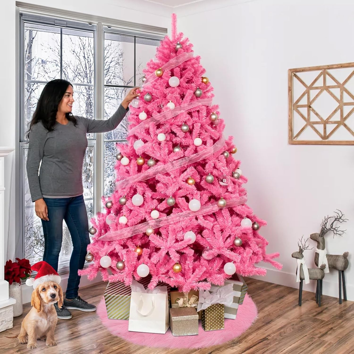 Pink Christmas Tree Skirt Fur,48 Inches Large Fuzzy Fur Candy Tree Skirt Rug Pink Christmas Halloween Decor&Ornaments for 7-7.5Ft Christmas Trees