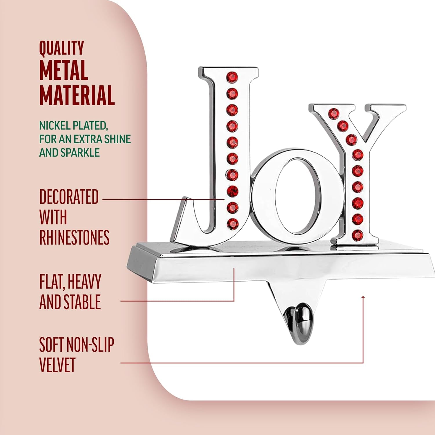 Stocking Holder Set of 3 - Joy Noel Peace Christmas Stocking Hanger for Mantel - Shiny Silver Metal Christmas Stocking Holder for Fireplace Mantle- Heavy Stocking Holder for Mantle with Hook