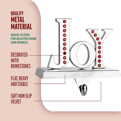 Stocking Holder Set of 3 - Joy Noel Peace Christmas Stocking Hanger for Mantel - Shiny Silver Metal Christmas Stocking Holder for Fireplace Mantle- Heavy Stocking Holder for Mantle with Hook