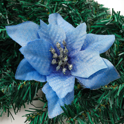 Christmas Poinsettia Flowers Decorations, Glitter Poinsettia Christmas Tree Ornaments, Artificial Flower Home Decorations for Christmas/Wedding/Holiday Party, Pack of 24, Blue