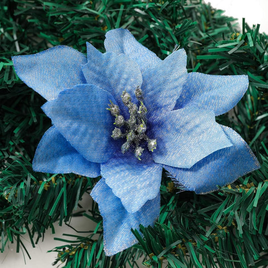 Christmas Poinsettia Flowers Decorations, Glitter Poinsettia Christmas Tree Ornaments, Artificial Flower Home Decorations for Christmas/Wedding/Holiday Party, Pack of 24, Blue