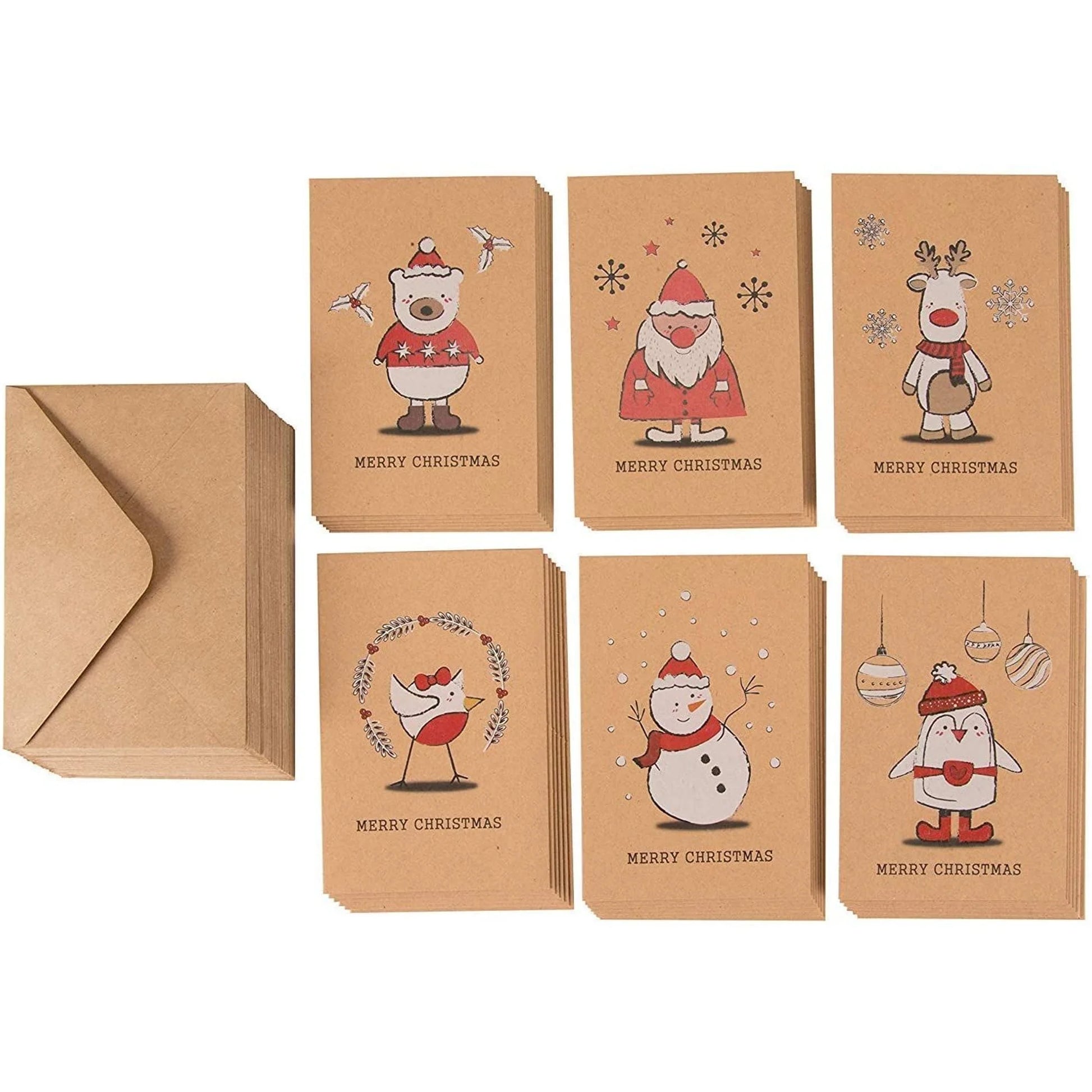 36 Pack Kraft Cute Christmas Greeting Cards with Envelopes, 4X6 Bulk Holiday Cards for Xmas Winter Holiday Season, 6 Red White Festive Designs