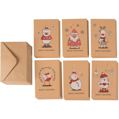 36 Pack Kraft Cute Christmas Greeting Cards with Envelopes, 4X6 Bulk Holiday Cards for Xmas Winter Holiday Season, 6 Red White Festive Designs